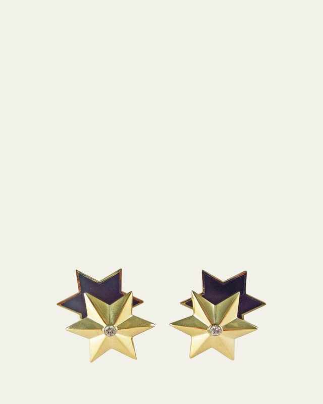 18K Yellow Gold and Black Enamel Diamond Double Star Earrings